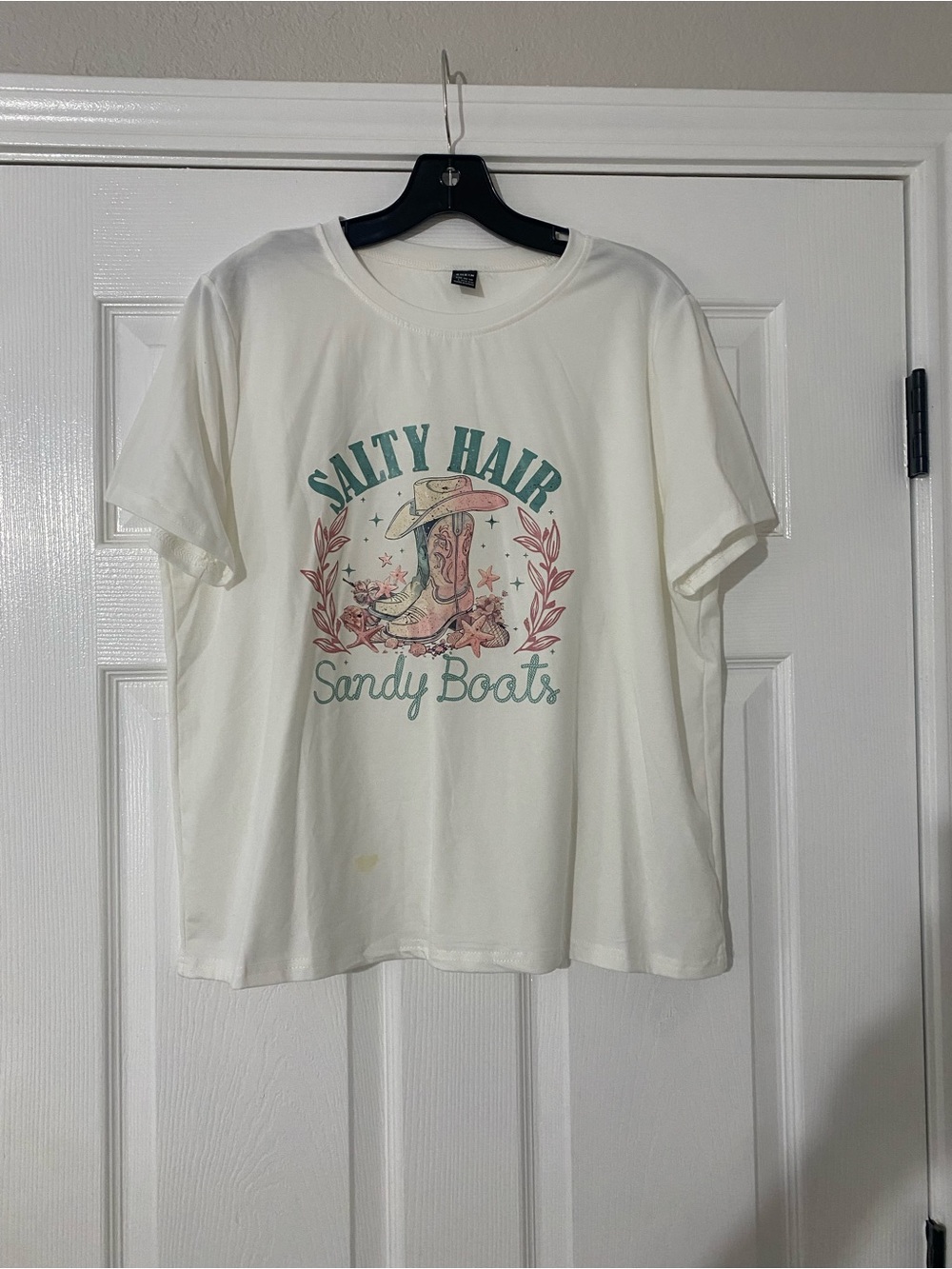 SHEIN White Graphic 'Salty Hair Sandy Boats' Tee with Teal and Pink Print